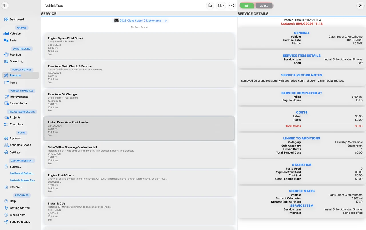 VehicleTrax on macOS showing the sidebar, a list of service records and the full detail of a selected service in one window.