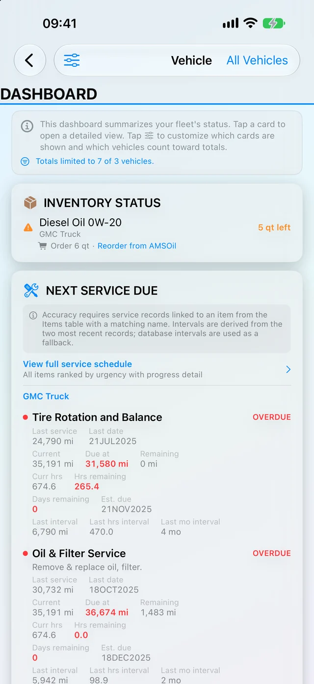 The VehicleTrax dashboard on iPhone showing low inventory and two overdue service items in red.