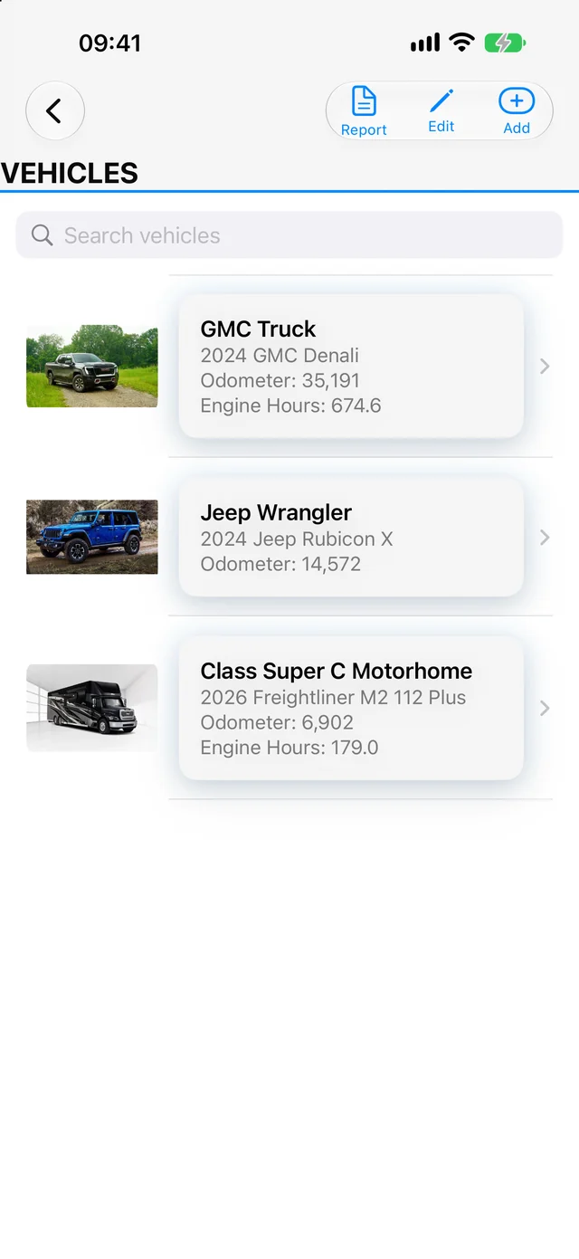 VehicleTrax on iPhone listing a GMC truck, a Jeep Wrangler and a Class Super C motorhome with photos, odometer and engine hours.